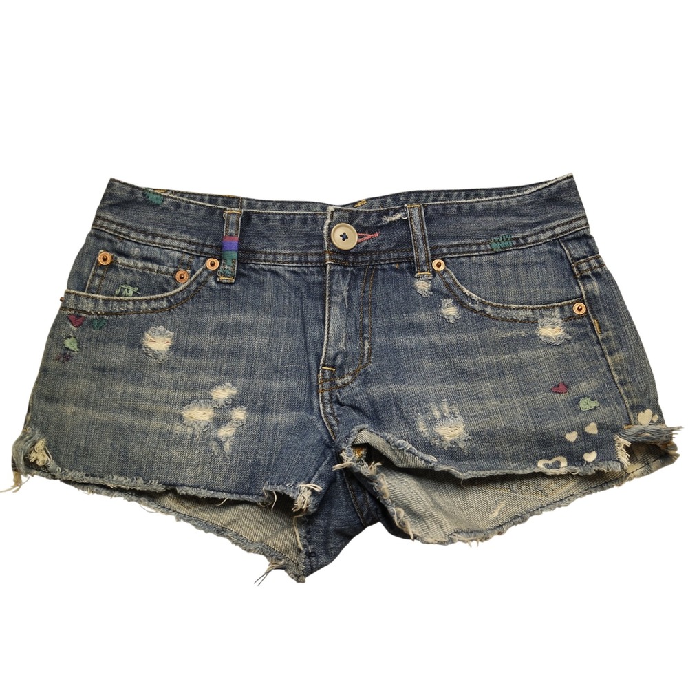 Vintage American Eagle Y2K Distressed Heart Denim Cut Off Shorts Blue Sz 0 Twee